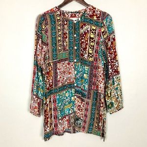 J. Jill Patchwork Tunic Top Women’s Size M Boho Floral Long Sleeves Button Front